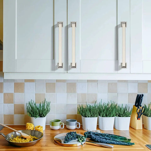 10 Pack 5 Inch Brushed Satin Nickel Cabinet Pulls Zinc Alloy Kitchen Cabinet Handles installed on white cabinets in a kitchen setting