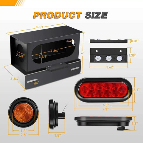 Steel Trailer Light Boxes Housing Kit Two Pack With Amber Side Marker Lights and Red Oval Stop Brake Turn Signals size diagram