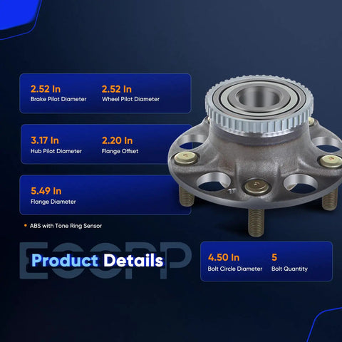 Image of Rear Wheel Hub and Bearing Assembly 512188 Replacement for Acura TL 2004 to 2008 and Honda Accord 2003 to 2007 with dimensions.