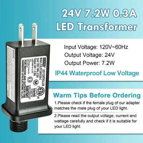 24V 0.3A LED Transformer Power Supply With 8 Modes IP44 Waterproof Low Voltage Class 2 Transformer US Plug for Christmas lights
