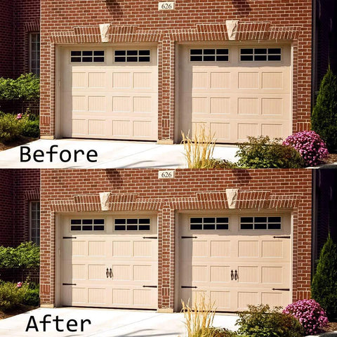 Before and after of two beige garage doors with Decorative Rustic Metal Garage Door Hardware Kit With Screw In Carriage House Hinges Dummy Hinges And Handles In Black Matte Steel For Barn Doors Gates And Shutters Designed To Outfit Two Car Garages.