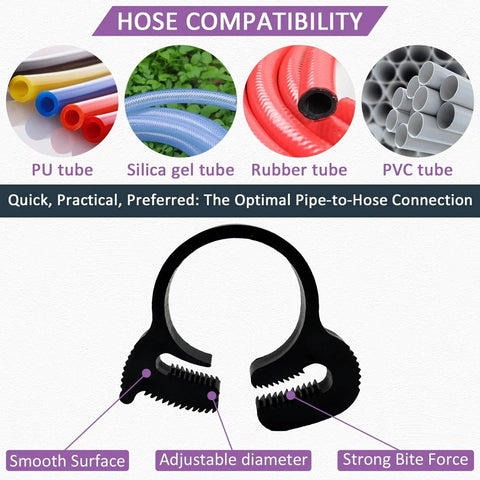 146 Piece Nylon Hose Clamp Set With Double Grip Ratcheting Clamps In 10 Sizes Ranging From 6.1 To 26.1 Mm In A Sturdy Plastic Storage Box POM Material Perfect Assortment Kit For Automotive And Household Tubing Sealing hose compatibility details with clamp example.