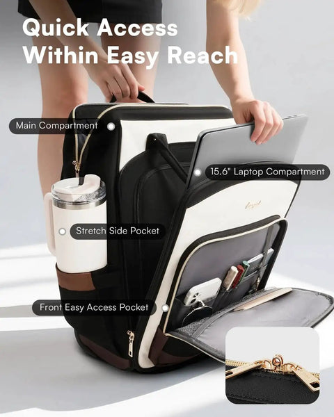 Sleek Rolling Laptop Backpack For Women With Wheels, showing dual opening design, beige brown, 15.6 inch compartment, pockets visible
