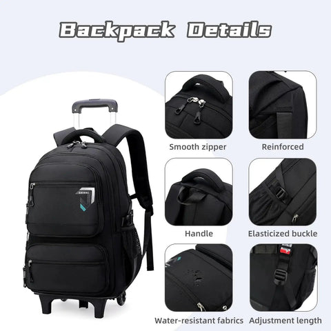 Boys Rolling Backpack With Wheels For School Large Capacity Kids Luggage with pockets, handle, zippers, and trolley features.