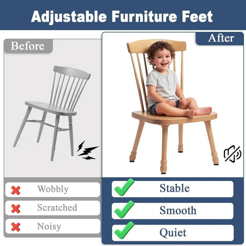 Before and after using Quarter Inch Thread Leveling Feet 12 Pack Adjustable Furniture Levelers For Uneven Floors Tough Built To Last.