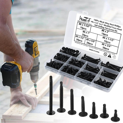Pro Grade Self Drilling Screws Kit For Metal And Sheet Metal 140 Pcs Black TEK Self Tapping Deck Screws organized in box with drill