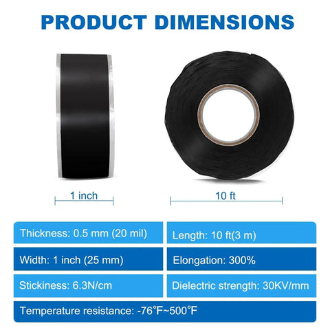 Self-Fusing Silicone Tape 1in x 10ft No Mess No Glue Needed Heavy Duty Leak Proof Sealing Tape dimensions and specifications