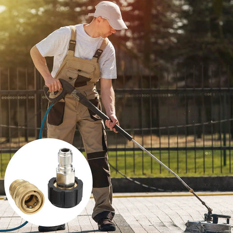 Man using pressure washer with image of Sixteen Pack Pressure Washer Adapter Set With M22 Swivel To Half Inch Connect And Three Eighths Inch Quick Release Includes Three Eighths Inch And Half Inch Plugs And Three Quarter Inch Female And Male Swivels For Garden Hoses inset.