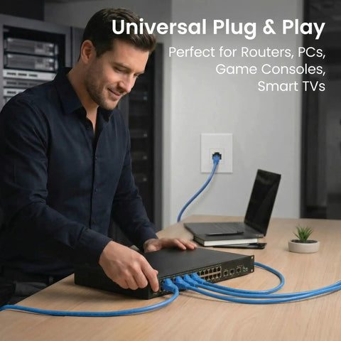 Man connecting Cat 6 Ethernet Patch Cable 1 Ft Blue Pack Of 24 High Speed 10Gbps to router with universal plug and play