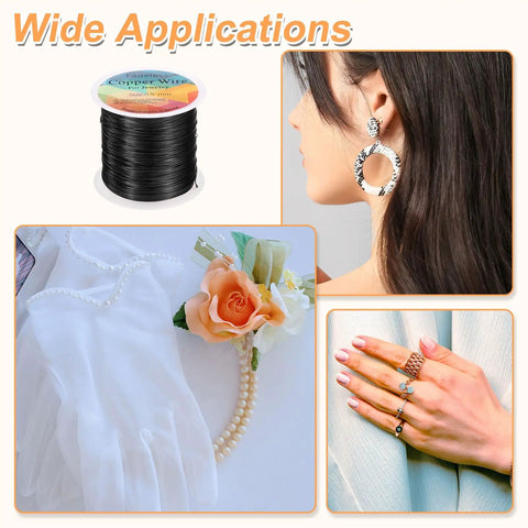 Black 24 Gauge Copper Craft Wire 203 Ft For Jewelry Making Beading Wrapping Tarnish Resistant Durable Wire For Repairs Ideal For Beading Projects Jewelry Making Wire Wrapping And Crafting HARFINGTON on a spool beside jewelry and craft displays.