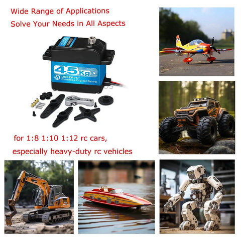 Beefy 45Kg High Torque RC Servo With 8.4V Coreless Motor for cars, crawlers, robots, and DIY projects, shown with various applications.