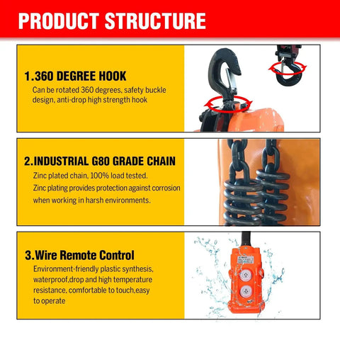Electric chain hoist 2-in-1, 2200 lb capacity; orange unit with black G80 chain and wireless and wired remotes.