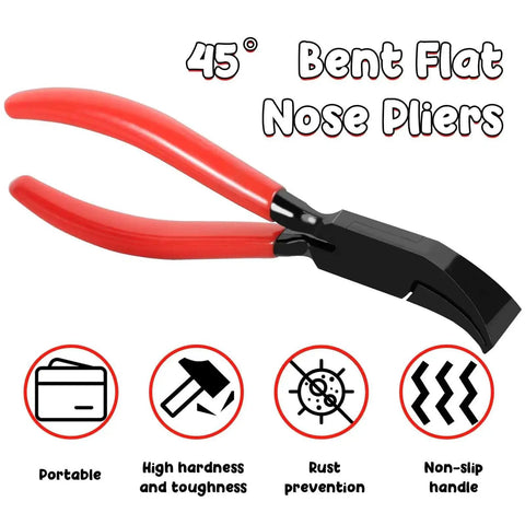 45° bent flat nose pliers with red handles, part of Two Pack Hand Seamers For Sheet Metal Pliers Set With 45 Degree And Straight Jaws
