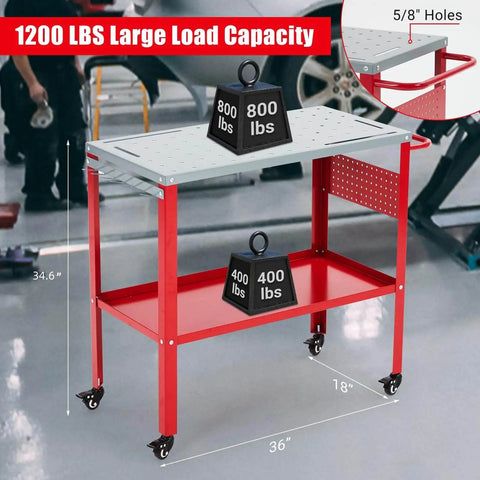 Movable Welding Table 36 By 18 Inch Heavy Duty Steel Workbench With 1200 Lbs Total Load Capacity, 800 Lbs Table Top, 400 Lbs Tool Tray