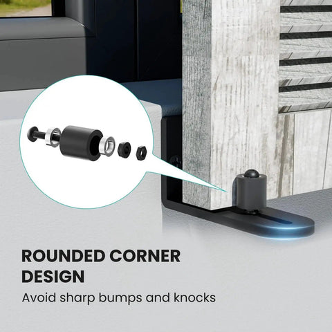 Adjustable Sliding Barn Door Floor Guide With Flat Bottom Design In Black 1 Piece Heavy Duty Steel Rail Nylon Roller for installation