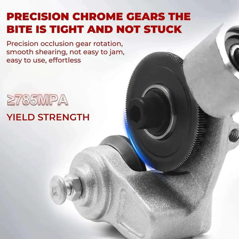 Close-up of precision chrome gears on a drill nibbler attachment. Text highlighting yield strength and smooth gear rotation.