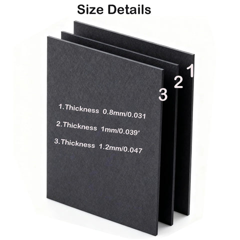 Gasket paper sheets set, 3 pcs in black with thicknesses 0.8mm, 1.0mm and 1.2mm for high-temp engine sealing.