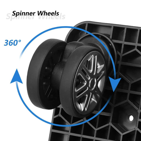 Close-up of spinner wheels on Folding Five Wheel Luggage Cart With Adjustable Height In Three Positions Lightweight Heavy Duty Trolley