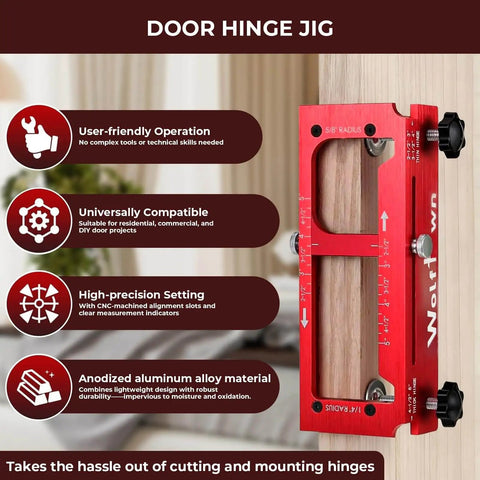 Rugged Aluminum Door Hinge Jig For Precise Mortises Built To Last, Adjustable Router Jig shown vertically attached to a door edge.