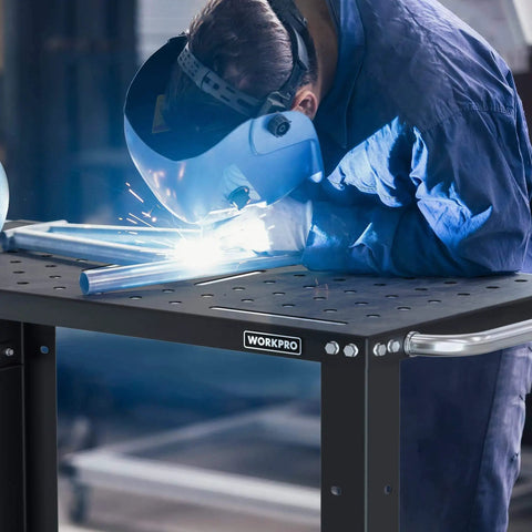 Welder using Built Tough 36x18 Inches Welding Table With Nitriding Top, 1200 Lbs Load Capacity, Portable Welding Cart With Braked Casters