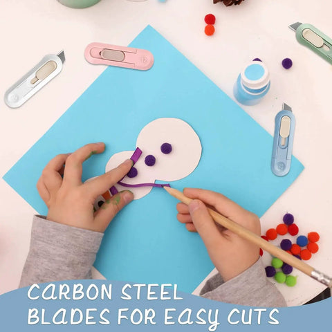 4 Pack Retractable Box Cutter For Opening Boxes Envelopes And Packages shown with blue crafting paper and colored pom-poms