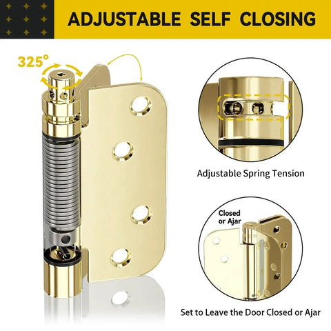 2 Pack Self Closing 4 Inch Door Hinges With Spring Loaded Action For Garage Front Back Doors Left Or Right Hand Install Adjustable Tension Five Eighth Inch Radius Corners UL Listed Heavy Duty Build In Gloden Finish showing adjustable spring tension and hinge installation.