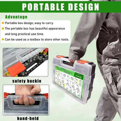 Person holding portable case for 200-Piece 304 Stainless Steel Hose Clamp Kit With Thumb Screws 1/4 to 2 Inch range.