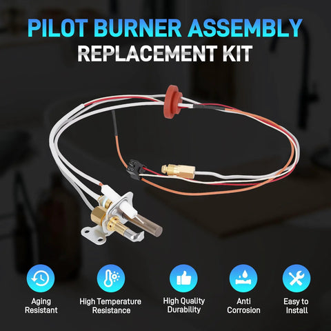 Pilot burner assembly with thermopile and sparker; brass valve, white wires for Rheem/Ruud Richmond NG water heaters