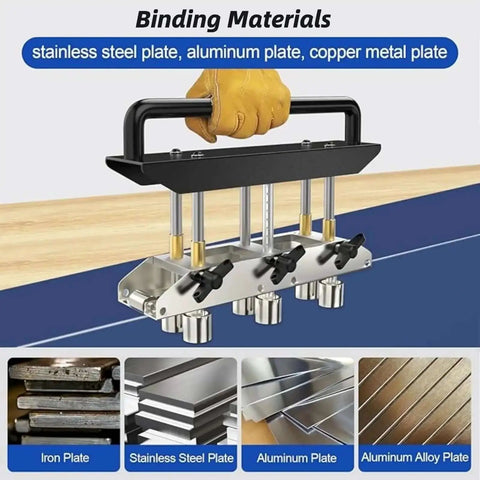 Metal Bending Tool With Three Station Roller, handle view, showcasing materials: steel, aluminum, copper, for roofing sheets.