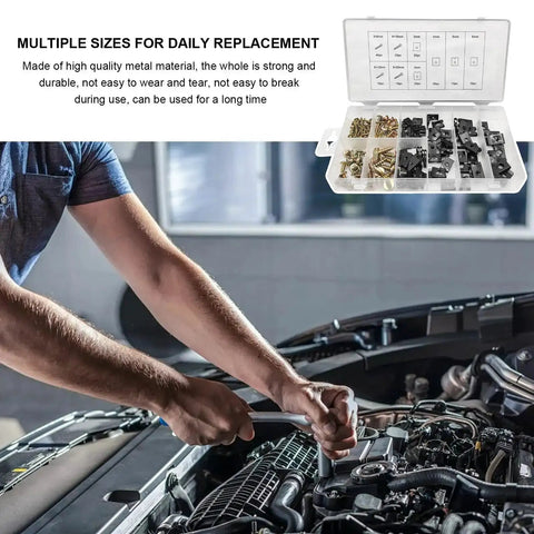Mechanic using 170 Piece Car U Clip And Screw Set on car engine, kit box open with zinc plated fasteners visible.