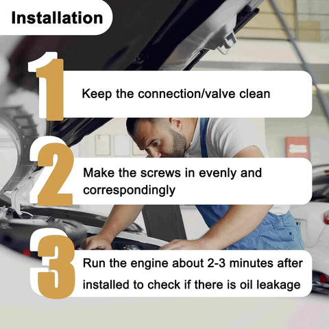 Mechanic installing a fuel pump with steps showing installation instructions.