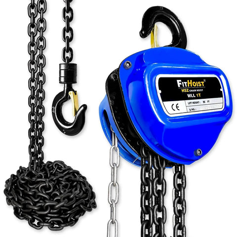1 Ton Hand Chain Hoist With 20 Ft Chain in G80 Manganese Steel, dual heavy duty hooks, blue pulley, for garages and warehouses