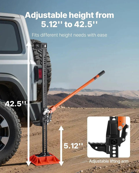 Ratcheting Off Road Farm Jack 7000 Lb Capacity 5.12 To 42.5 In Lift Range lifting a vehicle on rugged terrain
