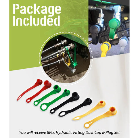 HQPARRTS 8-pack hydraulic fitting dust caps and plug set in red, green, black, and yellow for John Deere tractor ports