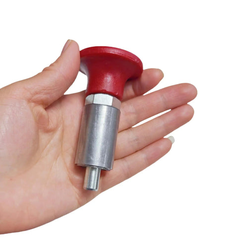 Heavy Duty Spring Loaded Pull Pins With Welded Barrel Red Handle And Screw Lock Steel Spring Plungers held in hand