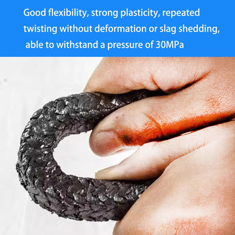 Flexible graphite braided packing ring, black, 1/8in x 1/8in, held between fingers