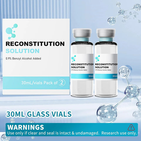 Reconstitution solution glass vials, 30ml each, two bottles with white caps; blue band label and packaging box beside.