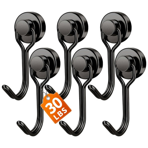 Set of six black magnetic hooks each holding up to 30 lbs for versatile hanging options on metal surfaces indoors or outdoors.