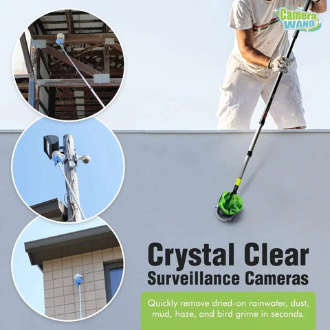 Man using Ground Safe Surveillance Camera Cleaning Tool With Solution And Reusable Towels to clean high-mounted cameras.