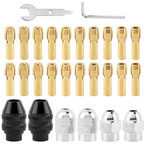 28 Piece Drill Chuck Collet Set For Dremel Rotary Tools 1/32 To 1/8 Inch Replacement 4486 Keyless Chucks, brass collets, wrench.