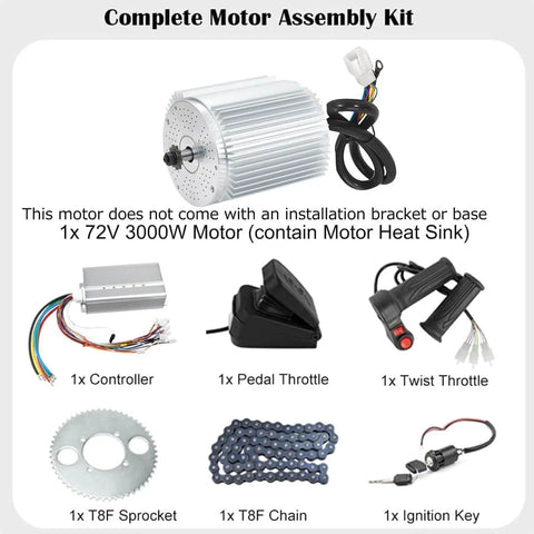Complete motor assembly kit showing a Powerful 3000W 72V Brushless DC Motor Kit With 50A Controller For Scooters And Go Karts, 4900 RPM.