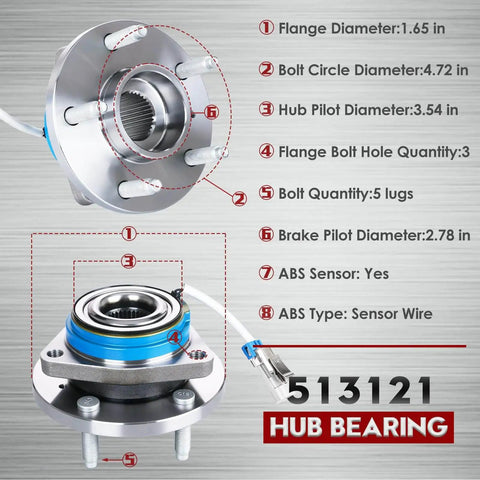 Front wheel hub & bearing assembly pair (2) sealed bearing replacement fits 2000-2011 Impala, 2000-2007 Monte Carlo, featuring specs 513121