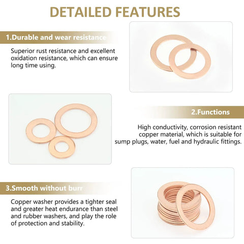 Copper Sealing Washers Kit, Kindroufly 320 Pieces, 11 Metric Sizes M5 To M20, shown with features of durability and conductivity.