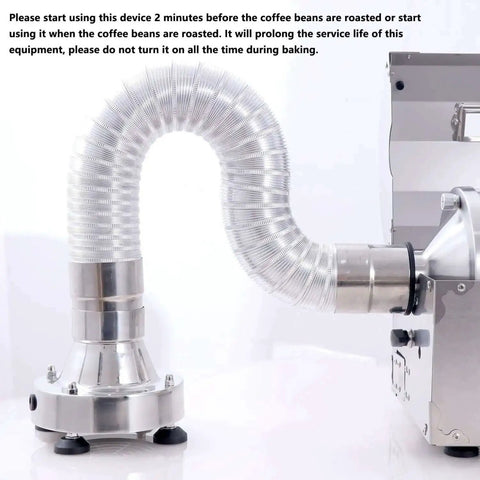 Direct Fired 450g Home Coffee Roaster Machine With 110V Electric Operation, Stainless Steel Shell, See Color Change Through 5mm Quartz Glass, Nut And Grain Roaster For Home Brew Nerds And Barista Grade Fresh Beans. Side view showing exhaust pipe connection.
