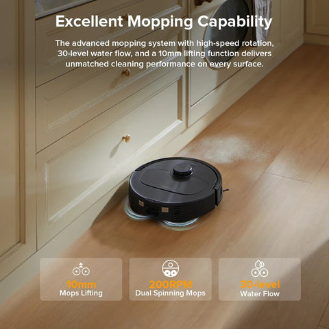 Roborock Qrevo Series robot vacuum and mop, black, on wood floor with 200RPM spinning mops