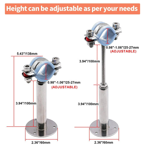 Two Pack 304 Stainless Steel Pipe Hangers With Adjustable Wall Or Ceiling Mounts For 25 To 27 Mm Pipes, Silicone Cushioned Clamp