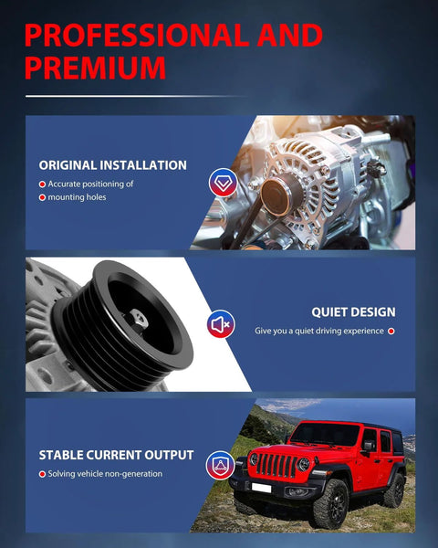 High Output 220 Amp 12 Volt Alternator For 2011 To 2018 Dodge Challenger Charger Durango And Jeep Grand Cherokee CW 6 Groove Decoupler Pulley All Copper Coil ED IF Quiet Power Durable Bearings OEM Grade Lubricant Stable Current image showing professional installation, quiet design, and stable current output.