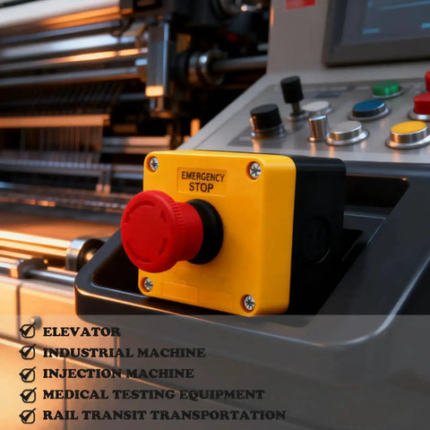 Emergency Stop Push Button Switch 1NC 10A 660V with IP65 waterproof box shown on industrial machine control panel.