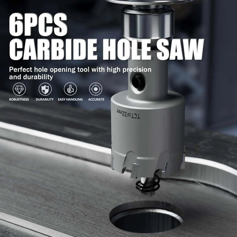 Upgrade Heavy Duty Carbide Hole Saw Kit with 6pcs cutting into metal surface, showing precision and durability features.