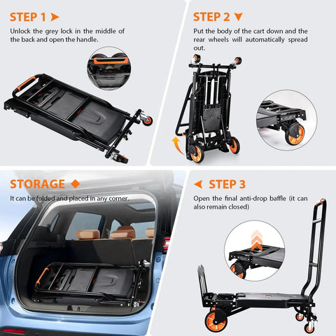 Assembly and storage of Folding Hand Truck For Heavy Lifting And Moving Luggage Shopping Office Travel With Four Wheel Rotation Durable Steel Frame And Large Load Capacity Up To 330 Lbs Orange Ironton Steel Hand Truck.